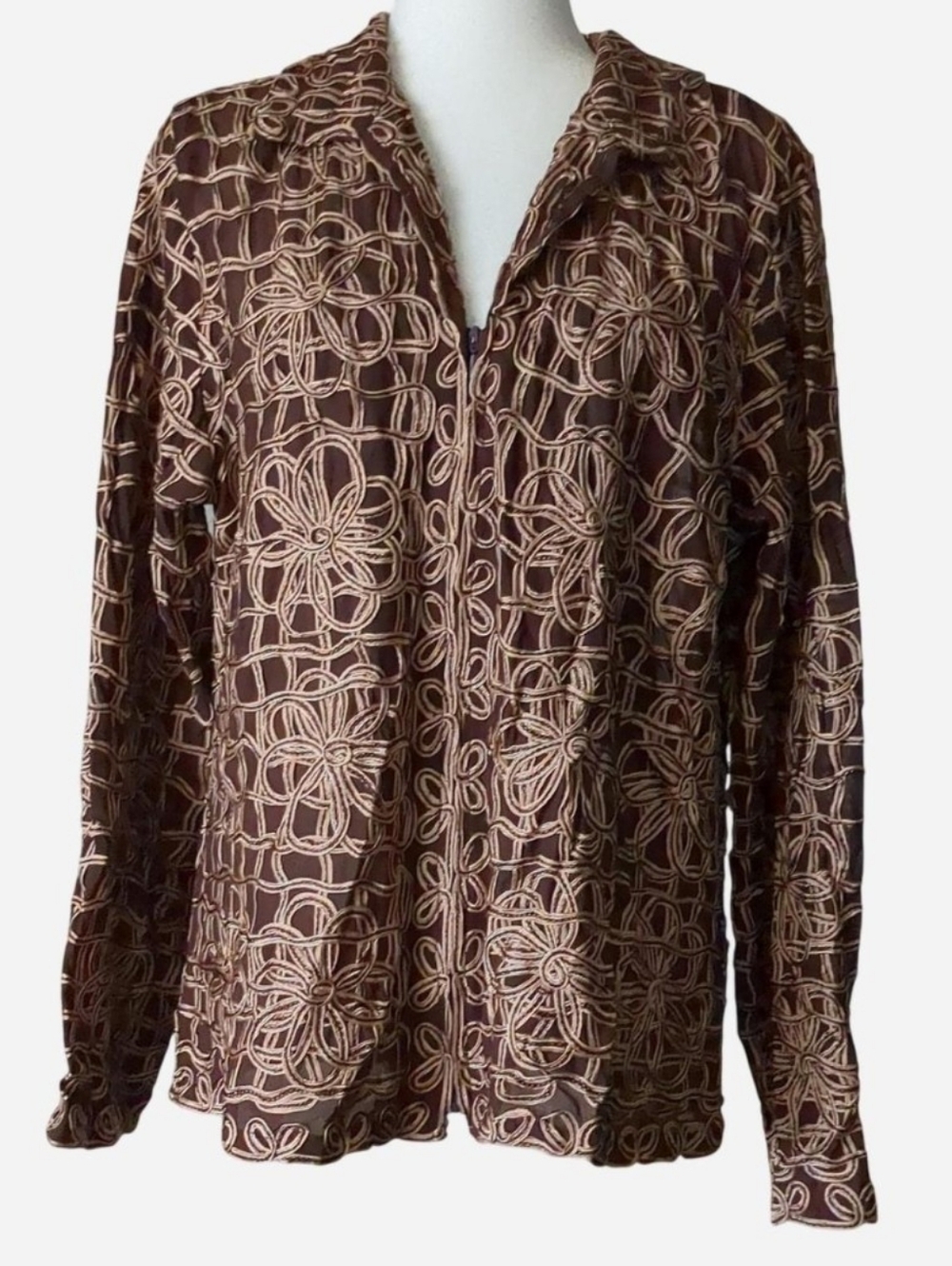 VINTAGE Laura Ashley XL Art-to-Wear Embroidered Mesh Zip Jacket – Brown/Gold